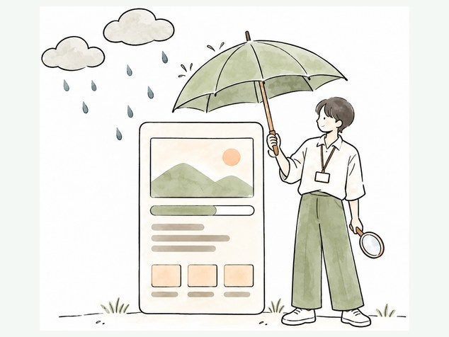 傘を差して、プロジェクトページを雨から守るスタッフ