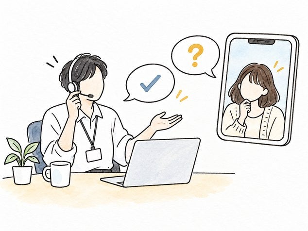 ヘッドセットのスタッフが、ビデオ通話で相談を受けている様子