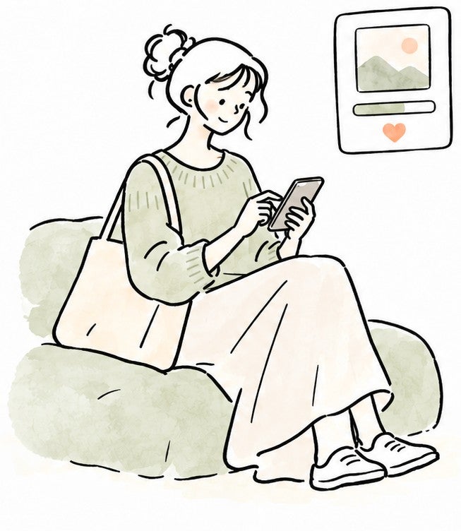 ソファに座り、スマホでプロジェクトページを確かめながら、ほっとした表情を浮かべる女性