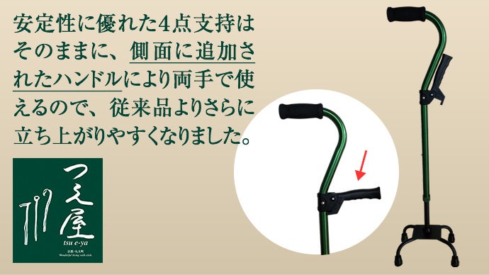 京都つえ屋、四点杖、立ち上がりグリップ付き杖、 立ち上がり杖】京都 杖専門店発！両手で使えるハンドル付4点杖、安定