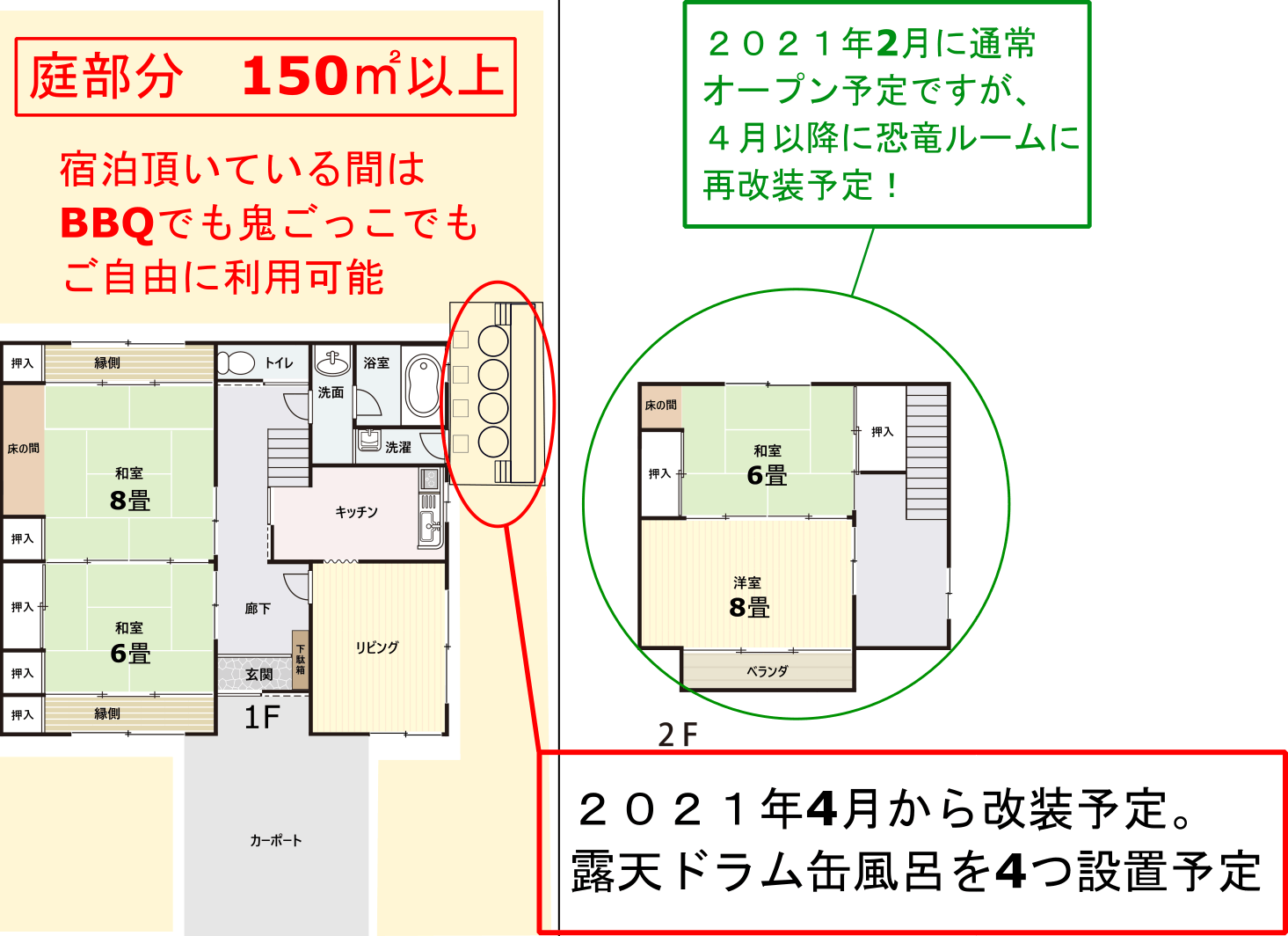 ドラム缶風呂　恐竜ルーム　福井　勝山　スキージャム　民泊　恐竜博物館