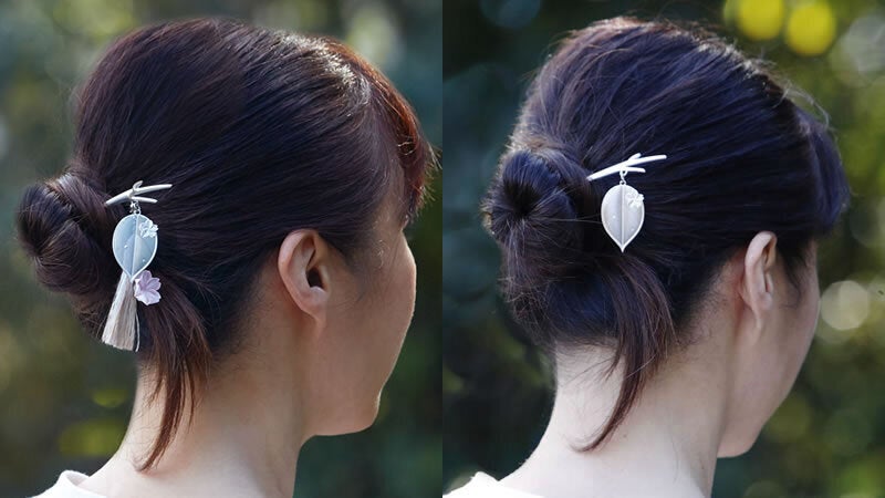 優しく風に揺れる桜かんざし：そっと　左：つまみ細工あり　右：つまみ細工なし