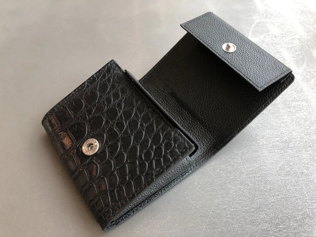 クロコダイル マットクロコ 二つ折り 財布 ウォレット ミニ財布 ミニマル財布 ブラック ヒマラヤ 二つ折り 折財布
