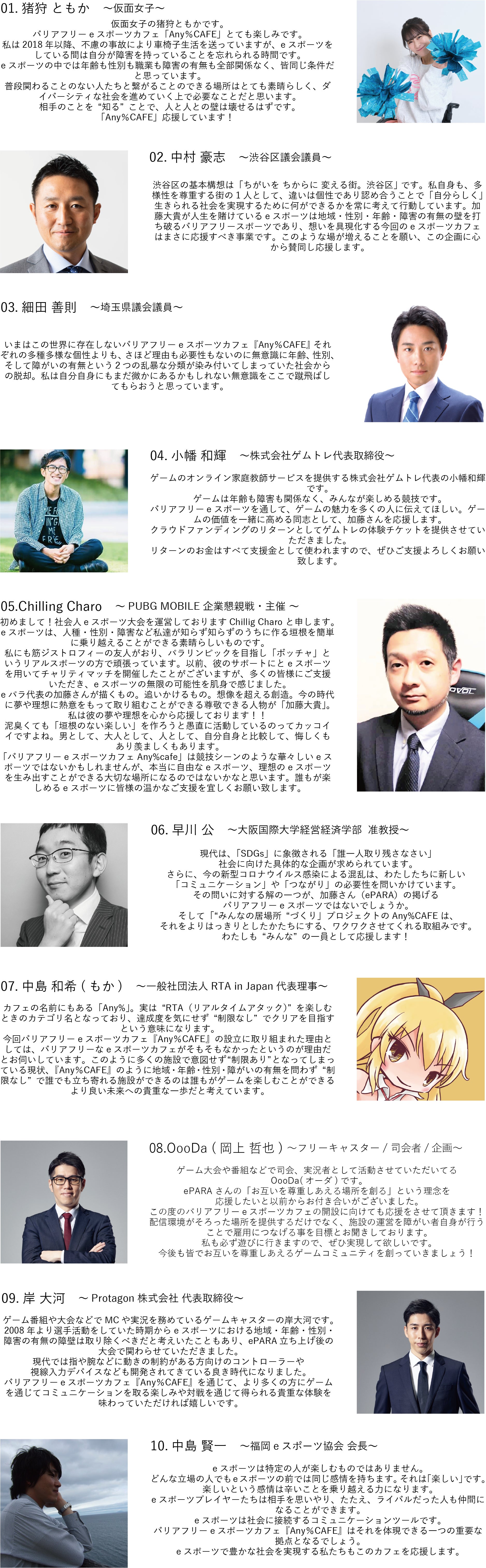 仮面女子の猪狩ともかです。 バリアフリーeスポーツカフェ「Any％CAFE」とても楽しみです。 私は2018年以降、不慮の事故により車椅子生活を送っていますが、eスポーツをしている間は自分が障害を持っていることを忘れられる時間です。 eスポーツの中では年齢も性別も職業も障害の有無も全部関係なく、皆同じ条件だと思っています。 普段関わることのない人たちと繋がることのできる場所はとても素晴らしく、ダイバーシティな社会を進めていく上で必要なことだと思います。 相手のことを“知る”ことで、人と人との壁は壊せるはずです。 「Any％CAFE」応援しています！  渋谷区議会議員の中村たけしです。 渋谷区の基本構想は「ちがいを ちからに 変える街。渋谷区」 です。私自身も、多様性を尊重する街の1人として、違いは個性であり認め合うことで「自分らしく」生きられる社会を実現するために何ができるかを常に考えて行動しています。加藤大貴が人生を賭けているeスポーツは地域・性別・年齢・障害の有無の壁を打ち破るバリアフリースポーツであり、想いを具現化する今回のeスポーツカフェはまさに応援すべき事業です。このような場が増えることを願い、この企画に心から賛同し応援します。  埼玉県会議員の細田よしのりです。 いまはこの世界に存在しないバリアフリーeスポーツカフェ『Any％CAFE』 それぞれの多種多様な個性よりも、さほど理由も必要性もないのに無意識に年齢、性別、そして障がいの有無という２つの乱暴な分類が染み付いてしまっていた社会からの脱却。私は自分自身にもまだ微かにあるかもしれない無意識をここで蹴飛ばしてもらおうと思っています。  ゲームのオンライン家庭教師サービスを提供する株式会社ゲムトレ代表の小幡和輝です。 ゲームは年齢も障害も関係なく、みんなが楽しめる競技です。 バリアフリーeスポーツを通して、ゲームの魅力を多くの人に伝えてほしい。ゲームの価値を一緒に高める同志として、加藤さんを応援します。 クラウドファンディングのリターンとしてゲムトレの体験チケットを提供させていただきました。 リターンのお金はすべて支援金として使われますので、ぜひご支援よろしくお願い致します。  初めまして！社会人eスポーツ大会を運営しておりますChillig Charo と申します。 eスポーツは、人種・性別・障害など私達が知らず知らずのうちに作る垣根を簡単に乗り越えることができる素晴らしいものです。 私にも筋ジストロフィーの友人がおり、パラリンピックを目指し「ボッチャ」というリアルスポーツの方で頑張っています。以前、彼のサポートにとeスポーツを用いてチャリティマッチを開催したことがございますが、多くの皆様にご支援いただき、eスポーツの無限の可能性を肌身で感じました。 eパラ代表の加藤さんが描くもの。追いかけるもの。想像を超える創造。今の時代に夢や理想に熱意をもって取り組むことができる尊敬できる人物が「加藤大貴」。私は彼の夢や理想を心から応援しております！！ 泥臭くても「垣根のない楽しい」を作ろうと愚直に活動しているのってカッコイイですよね。男として、大人として、人として、自分自身と比較して、悔しくもあり羨ましくもあります。 「バリアフリーeスポーツカフェAny%cafe」は競技シーンのような華々しいeスポーツではないかもしれませんが、本当に自由なeスポーツ、理想のeスポーツを生み出すことができる大切な場所になるのではないかなと思います。誰もが楽しめるeスポーツに皆様の温かなご支援を宜しくお願い致します。  大阪国際大学経営経済学部  准教授の早川公です。 現代は、「SDGs」に象徴される「誰一人取り残さなさい」社会に向けた具体的な企画が求められています。さらに、今の新型コロナウイルス感染による混乱は、わたしたちに新しい「コミュニケーション」や「つながり」の必要性を問いかけています。 その問いに対する解の一つが、加藤さん（ePARA）の掲げるバリアフリーeスポーツではないでしょうか。そして「“みんなの居場所“づくり」プロジェクトのAny%CAFEは、それをよりはっきりとしたかたちにする、ワクワクさせてくれる取組みです。わたしも“みんな”の一員として応援します！一般社団法人RTA in Japan代表理事の中島もかと申します。 カフェの名前にもある「Any%」。実は“RTA（リアルタイムアタック）”を楽しむときのカテゴリ名となっており、達成度を気にせず“制限なし”でクリアを目指すという意味になります。 今回バリアフリーeスポーツカフェ『Any％CAFE』の設立に取り組まれた理由としては、バリアフリーなeスポーツカフェがそもそもなかったというのが理由だとお伺いしています。このように多くの施設で意図せず“制限あり”となってしまっている現状、『Any％CAFE』のように地域・年齢・性別・障がいの有無を問わず“制限なし”で誰でも立ち寄れる施設ができるのは誰もがゲームを楽しむことができるより良い未来への貴重な一歩だと考えています。 ゲーム大会や番組などで司会、実況者として活動させていただいてるOooDa(オーダ)です。ePARAさんの「お互いを尊重しあえる場所を創る」という理念を応援したいと以前からお付き合いがございました。この度のバリアフリーeスポーツカフェの開設に向けても応援をさせて頂きます！配信環境がそろった場所を提供するだけでなく、施設の運営を障がい者自身が行うことで雇用につなげる事を目標とお聞きしております。私も必ず遊びに行きますので、ぜひ実現して欲しいです。今後も皆でお互いを尊重しあえるゲームコミュニティを創っていきましょう！ゲーム番組や大会などでMCや実況を務めているゲームキャスターの岸大河です。2008年より選手活動をしていた時期からeスポーツにおける地域・年齢・性別・障害の有無の障壁は取り除くべきだと考えいたこともあり、ePARA立ち上げ後の大会で関わらせていただきました。現代では指や腕などに動きの制約がある方向けのコントローラーや視線入力デバイスなども開発されてきている良き時代になりました。バリアフリーeスポーツカフェ『Any％CAFE』を通じて、より多くの方にゲームを通じてコミュニケーションを取る楽しみや対戦を通じて得られる貴重な体験を味わっていただければ嬉しいです。福島eスポーツ協会　会長の中島 賢一と申します。eスポーツは特定の人が楽しむものではありません。どんな立場の人でもeスポーツの前では同じ感情を持ちます。それは「楽しい」です。楽しいという感情は辛いことを乗り越える力になります。eスポーツプレイヤーたちは相手を思いやり、たたえ、ライバルだった人も仲間になることができます。 eスポーツは社会に接続するコミュニケーションツールです。バリアフリーeスポーツカフェ『Any％CAFE』はそれを体現できる一つの重要な拠点となるでしょう。eスポーツで豊かな社会を実現する私たちもこのカフェを応援します。