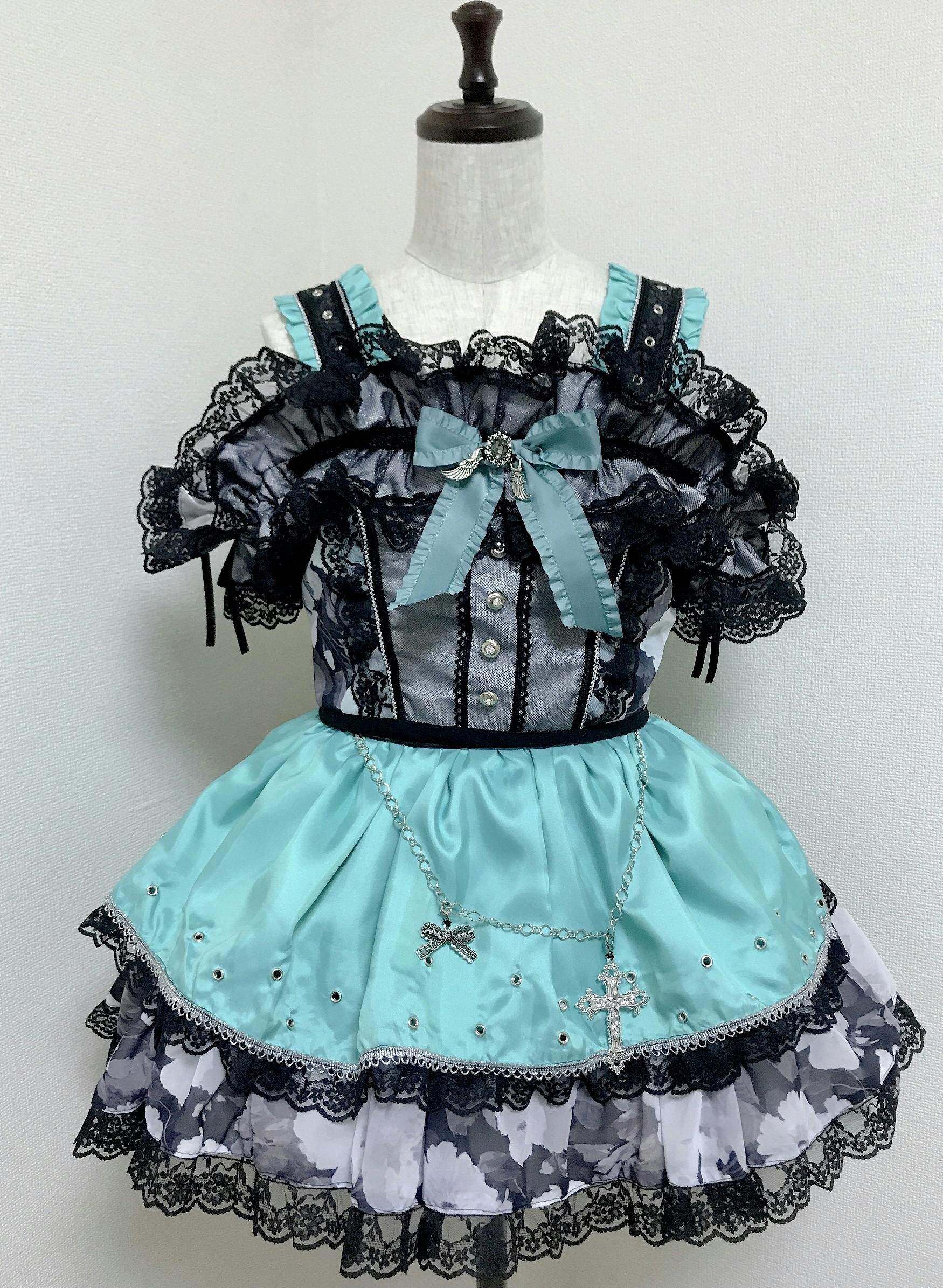 アイドル衣装 エメラルドグリーン×白 オリジナル ハンドメイド