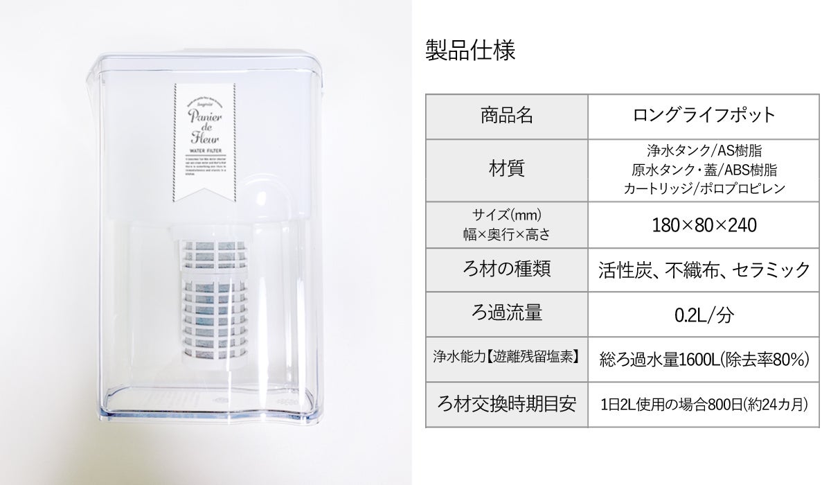 1台で2Lペットボトル約800本分！長寿命なポット型浄水器でおいしい水を