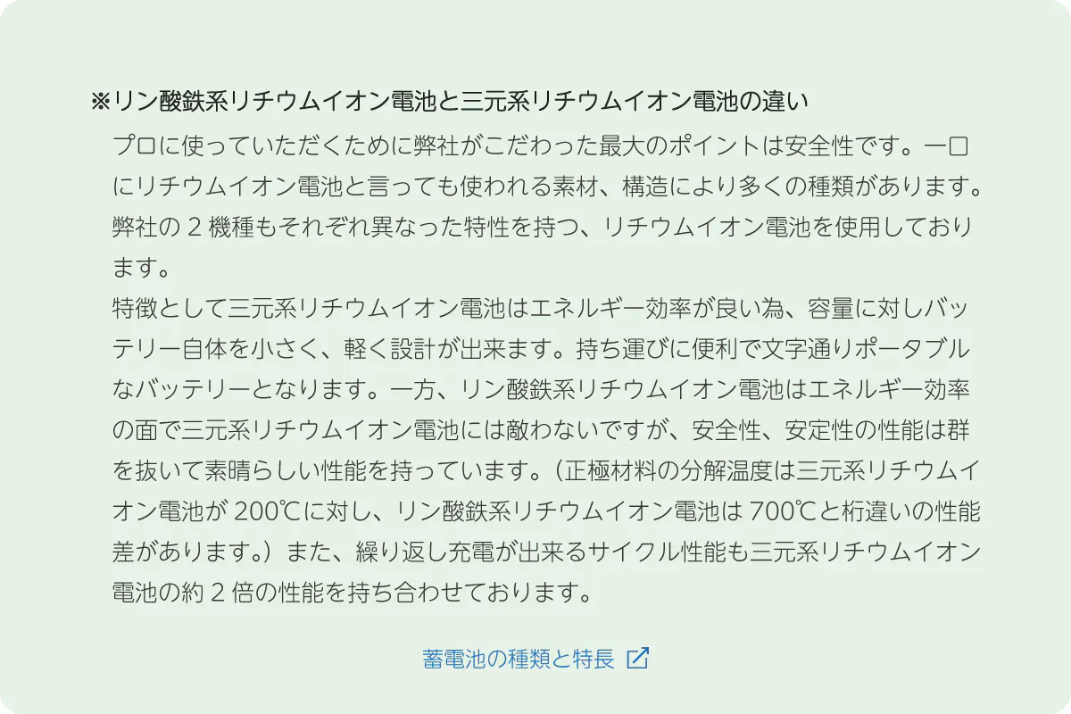 ※リン酸鉄系リチウムイオン電池と三元系リチウムイオン電池の違い