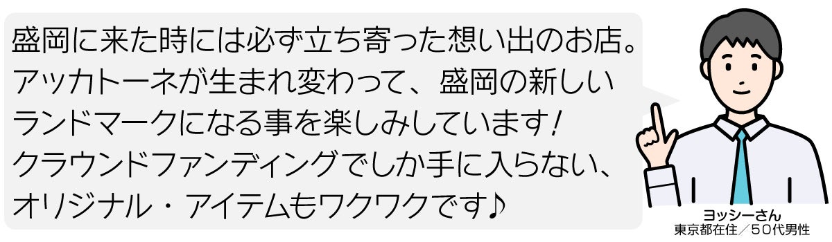 盛岡に来た時には必ず立ち寄った想い出のお店。 アッカトーネが生まれ変わって、盛岡の新しい ランドマークになる事を楽しみしています！ クラウンドファンディングでしか手に入らない、オリジナル・アイテムもワクワクです♪