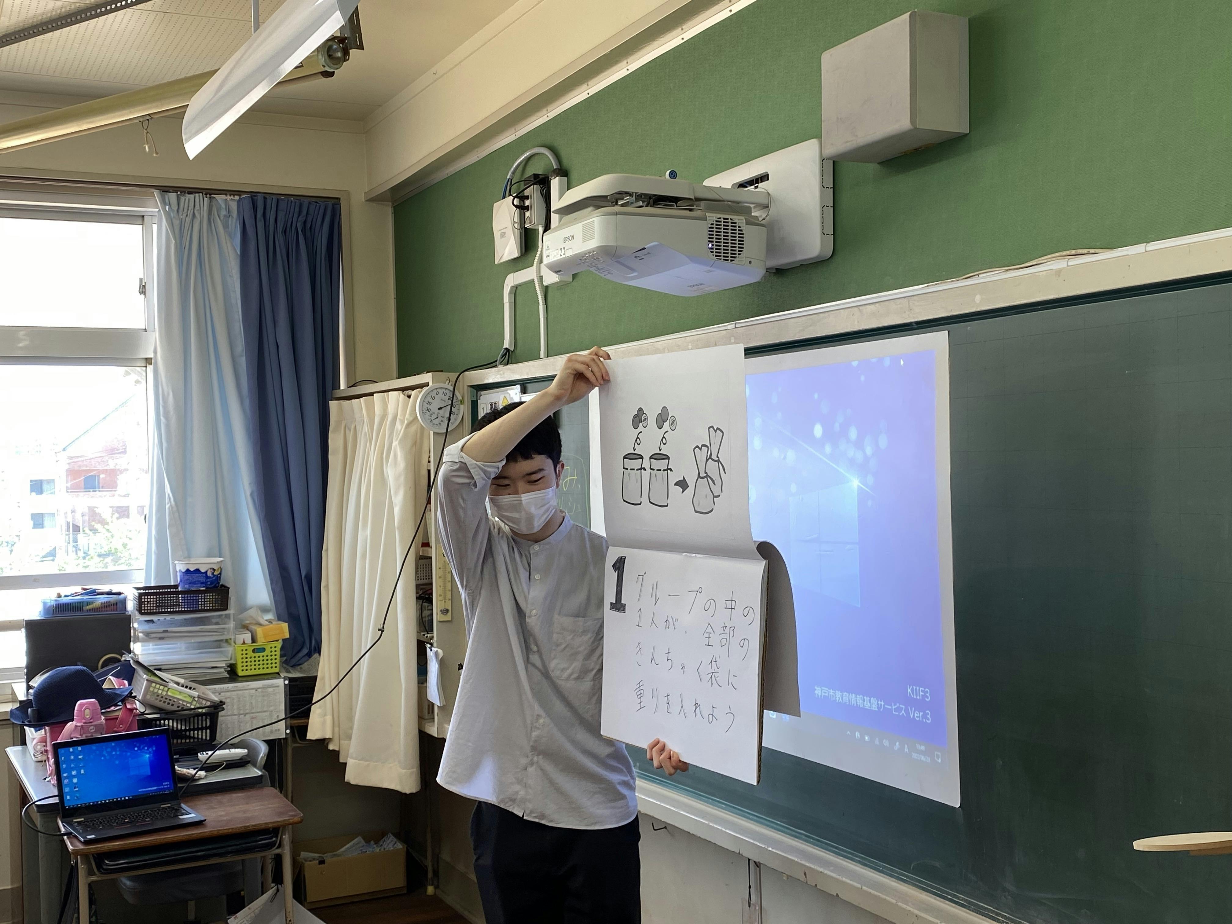 三浦が黒板の前で紙芝居を使って生徒にグラマのルール説明を行なっている様子。視覚障碍を持っている子には、隣で先生にサポートをしていただきました。