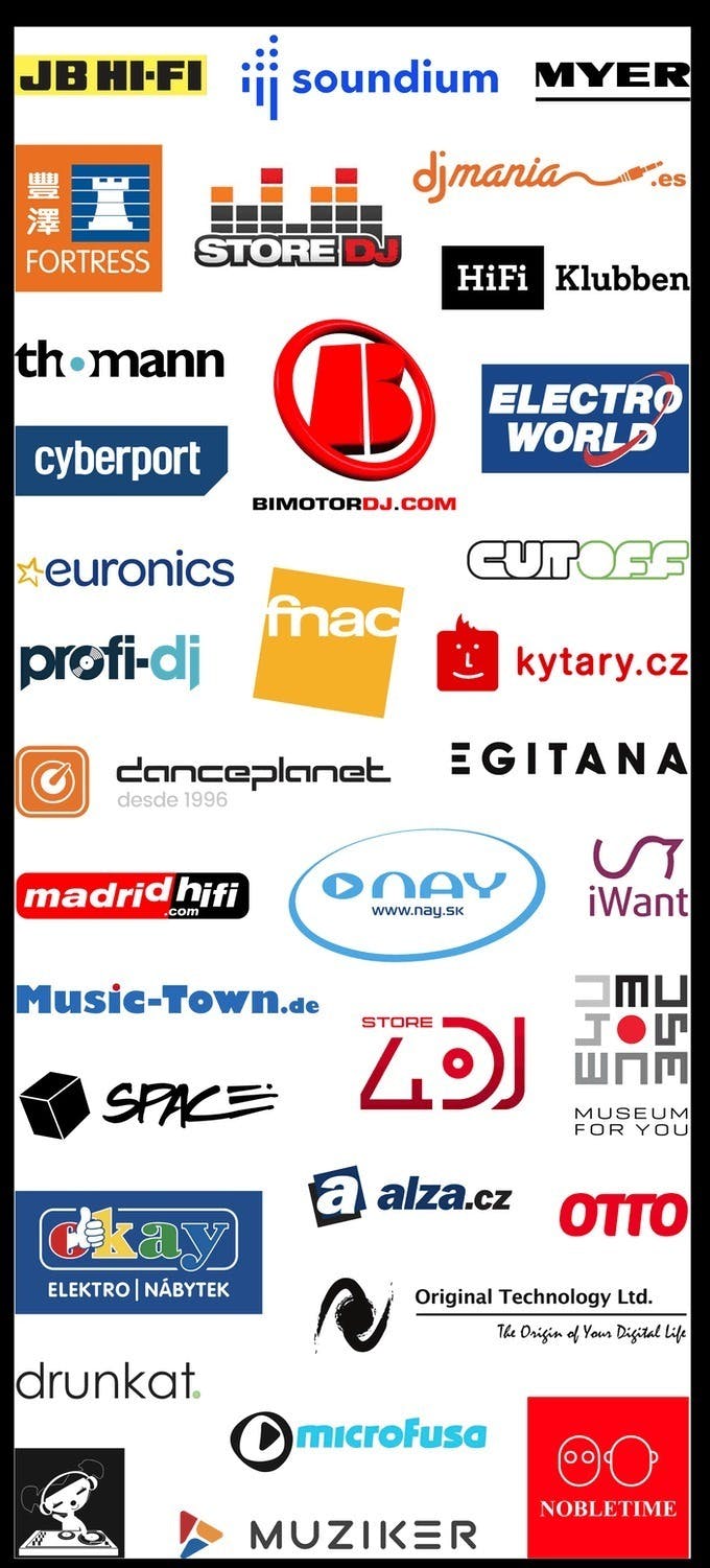 Logos of our retailers: JB Hi-Fi, Soundium, Myer, Fortress, StoreDJ, DJ Mania, HiFi Klubben, Thomann, Cyberport, BimotorDJ, ElectroWorld, Euronics, Profi-DJ, FNAC, Cut Off, Kytary, Danceplanet, Egitana, Madrid HiFi, Nay, iWant, Music-Town, Space, Store4DJ, Museum For You, Okay, Alza, Otto, Original Technology Ltd., Drunkat, TOPKAUFMUNICH, Microfusa, Muziker, Nobletime