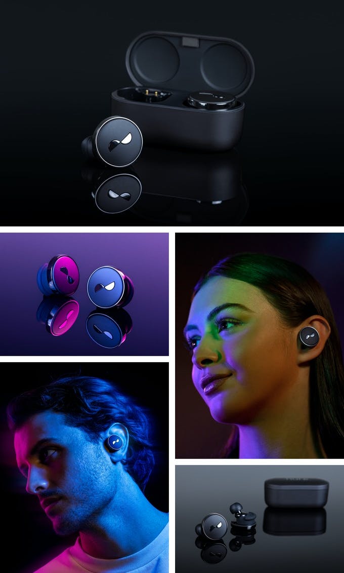 Grid image set of brand product and on-model photography of the NuraTrue Pro earbuds and charging case