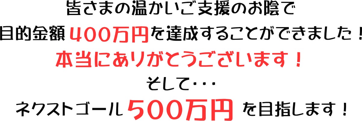皆さまの温かいご支援のお陰で目標金額400万えんを達成することができました!本当にありがとうございます!そしてネクストゴール500万円を目指します!