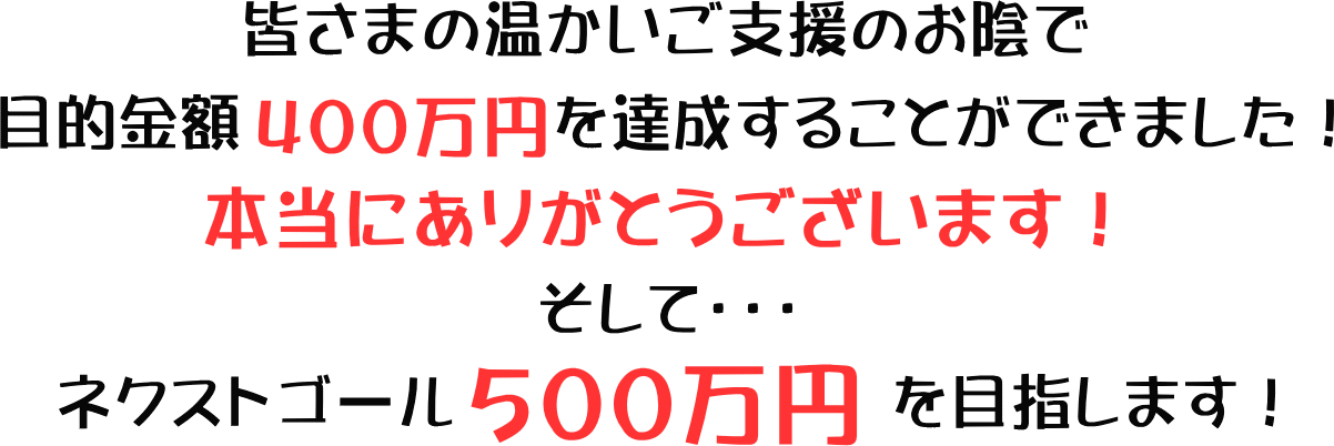 皆さまの温かいご支援のお陰で目標金額400万えんを達成することができました!本当にありがとうございます!そしてネクストゴール500万円を目指します!