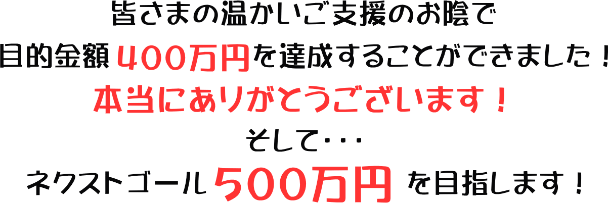 皆さまの温かいご支援のお陰で目標金額４００万えんを達成することができました！本当にありがとうございます！そしてネクストゴール５００万円を目指します！