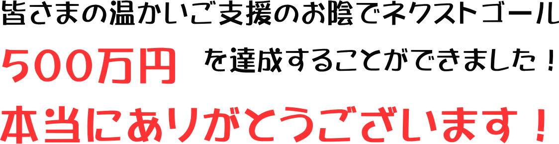 皆さまの温かいご支援のおかげでネクストゴール５００万円を達成することができました！本当にありがとうございます！