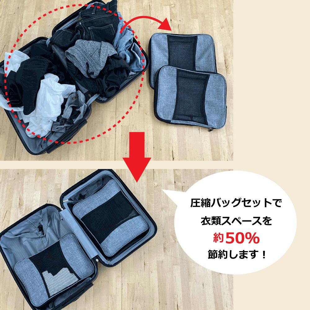 スーツケースや旅行バッグの荷物を半分に収納できる!!圧縮パッキング