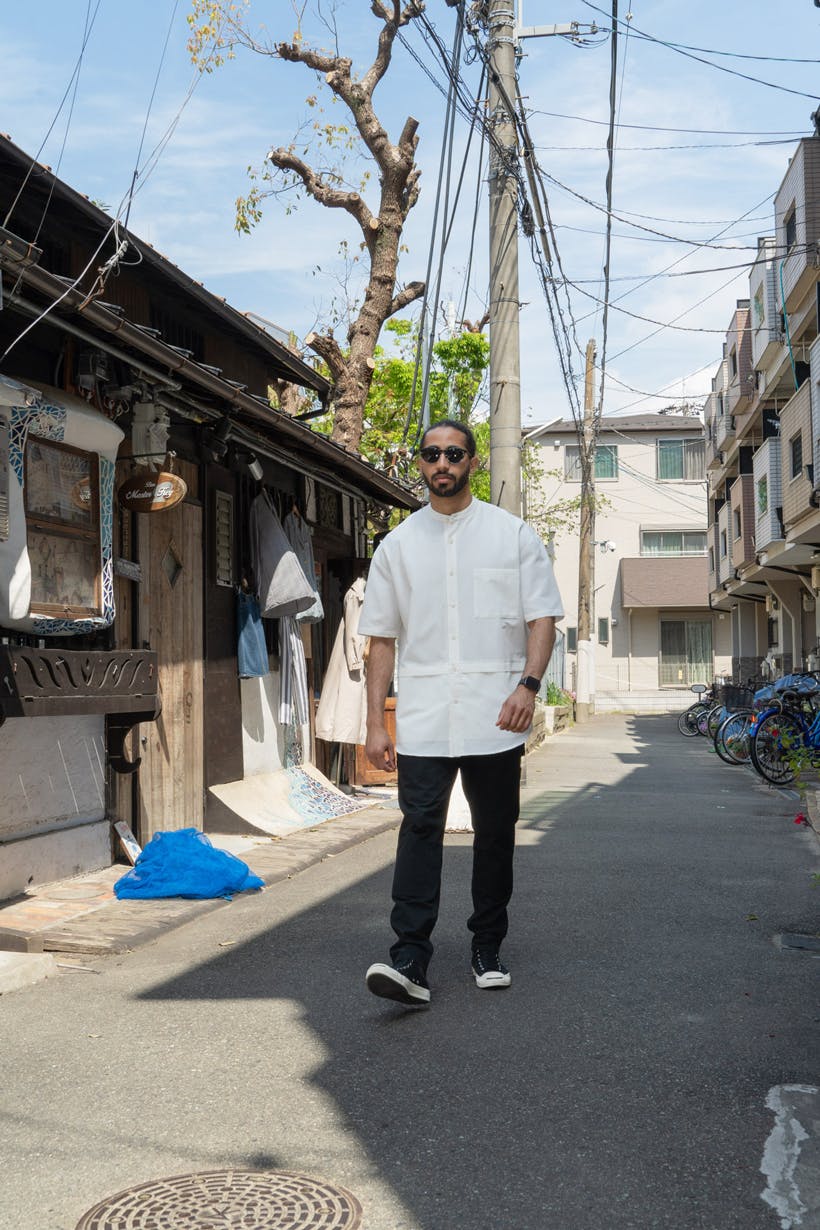 モデル：Zaral 身長:175cm 体重:65kg/Fisherman's Workpants｜HASU®（NTP）Mサイズ・ブラック着用。