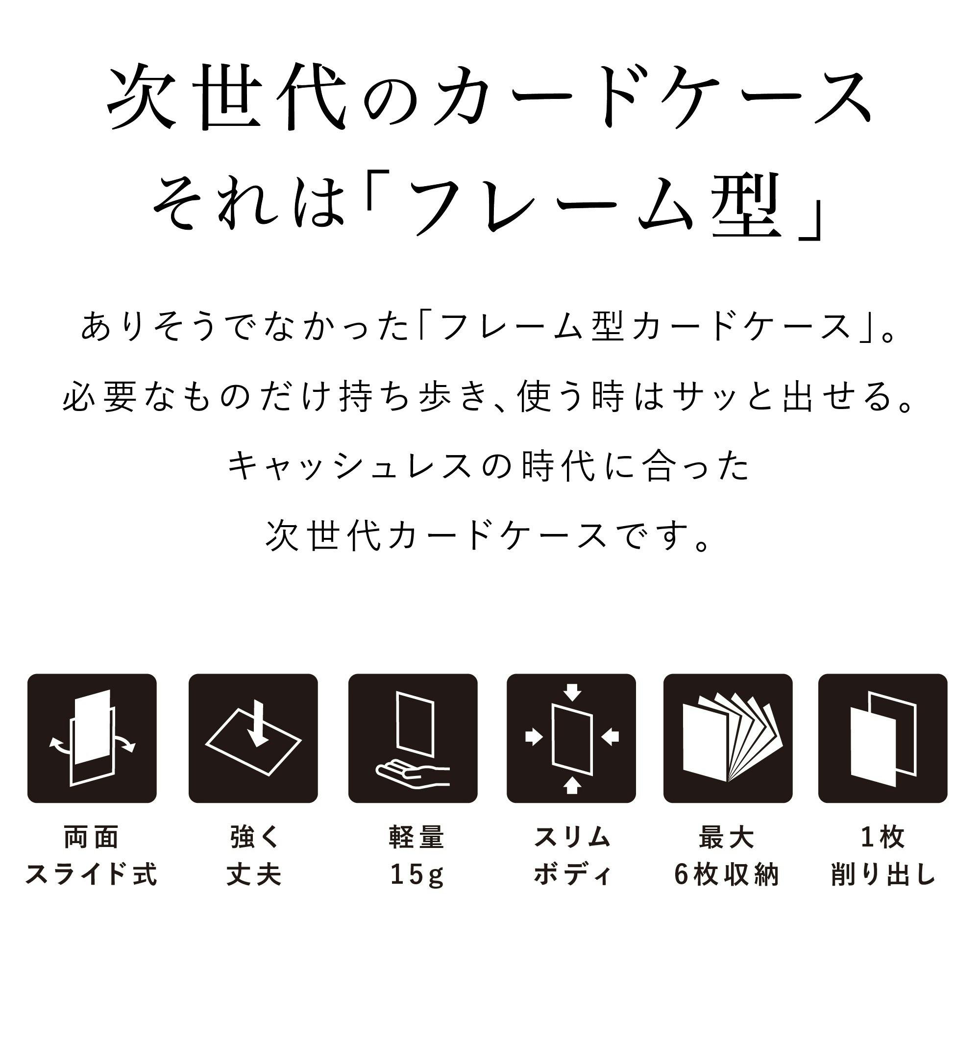 ありそうでなかった「フレーム型カードケース」。必要なものだけ持ち歩き、使う時はサッと出せる。キャッシュレスの時代に合った次世代カードケースです。