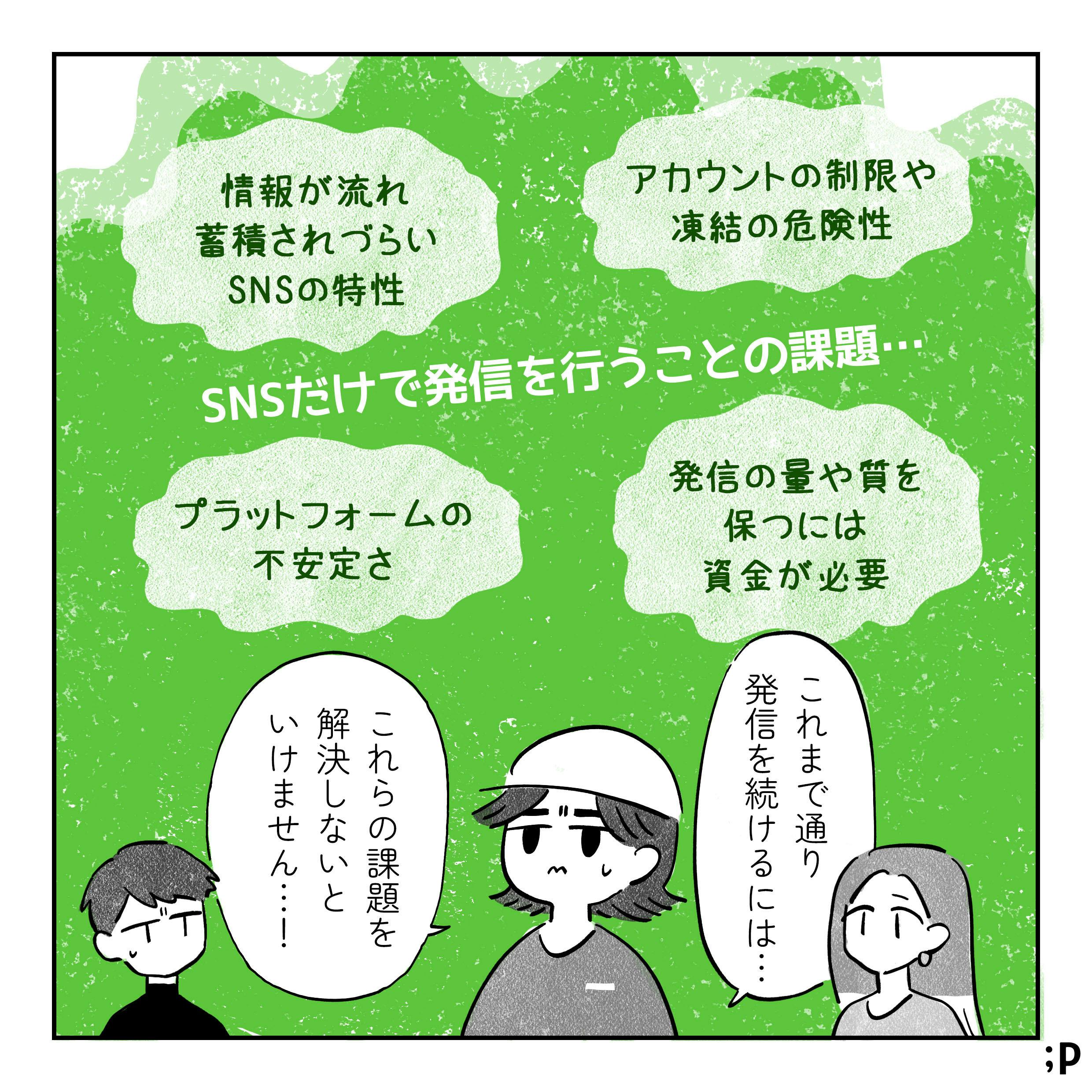 SNSだけで発信を行うことの課題  周りのモヤモヤ内 情報が流れ蓄積されづらいSNSの特性 アカウントの制限や凍結の危険性 プラットフォームの不安定さ 発信の量やしつを保つには資金が必要  これまで通り発信を続けるには これらの課題を解決しないといけません…！