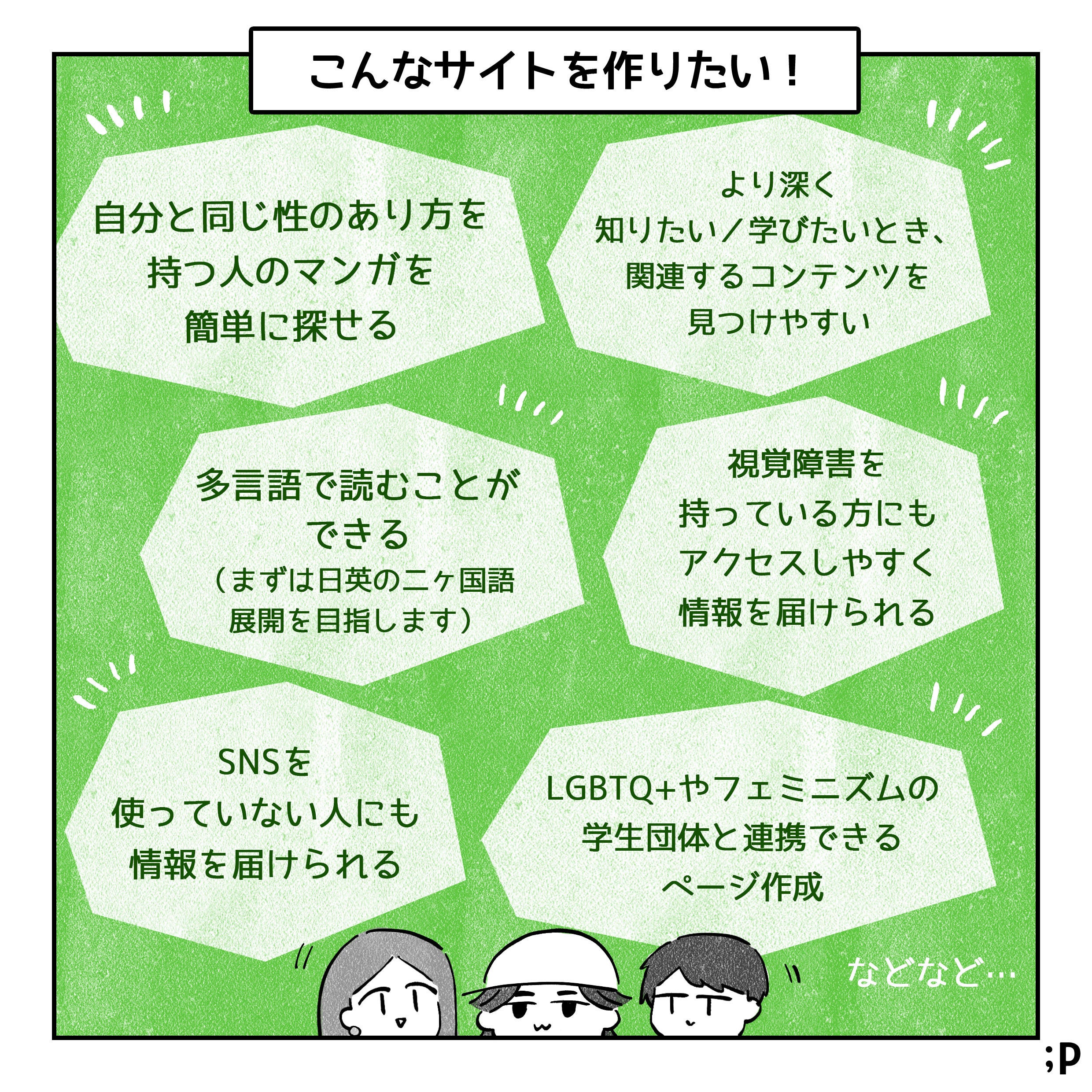 こんなサイトを作りたい より深く知りたい、学びたいとき関連するコンテンツを見つけやすい 視覚障害を持っている方にもアクセスしやすく情報を届けられる 自分と同じ性のあり方を持つ人の漫画を簡単に探せる LGBTQ+やフェミニズムの学生団体と連携できるページ作成 SNSを使っていない人にも情報を届けられる 多言語で読むことができる（まずは日英の二か国語展開を目指します）