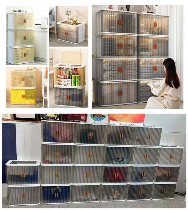 スライド式扉で出し入れ楽々！工具不要で積み重ねて使用できる両開き