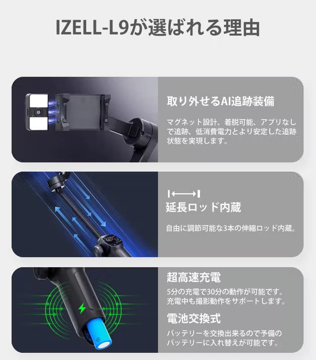 多機能ジンバルでプロレベルの動画撮影！AI追跡装備＆伸縮ロッド内蔵