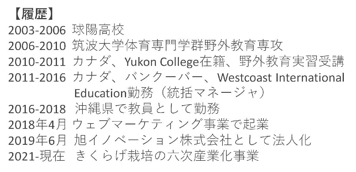 【履歴】  2006-2010  筑波大学体育専門学群野外教育専攻  2010-2011  カナダ、Yukon College在籍、野外教育実習受講  2011-2016  カナダ、バンクーバー、Westcoast International Education勤務（統括マネージャ）  2016-2018  沖縄県で教員として勤務  2018年4月　ウェブマーケティング事業で起業  2019年6月　旭イノベーション株式会社として法人化  2021-現在　きくらげ栽培の六次産業化事業