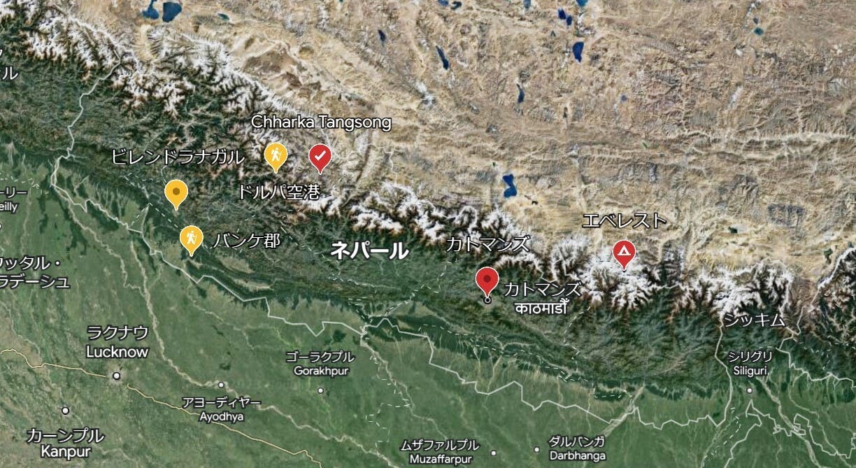 ネパールの地図。北西に小学校のあるカコット村。