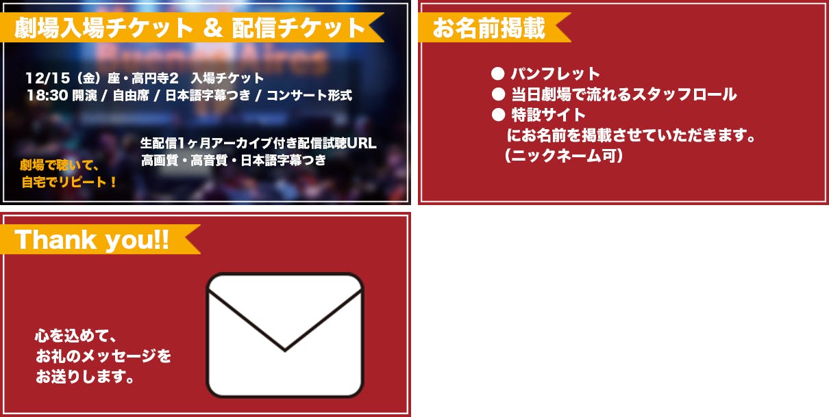 リターン：12月15日（金）座・高円寺2 入場チケット＋配信視聴チケット＋お名前掲載＋お礼メッセージ