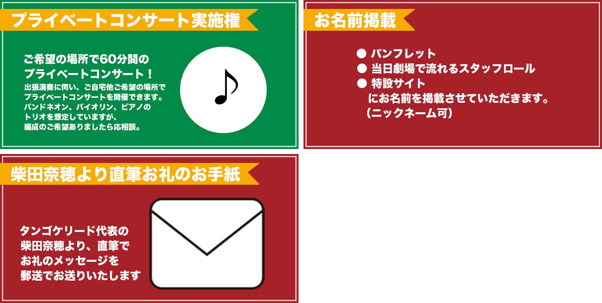 リターン：ご自宅やご要望のスペースにてプライベートコンサート実施権＋お名前掲載＋柴田奈穂から直筆お礼メッセージ