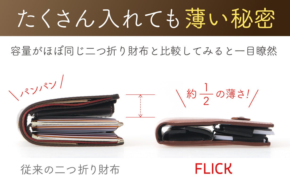 たくさん入るのに分厚くならない二つ折り財布『FLICK（フリック 