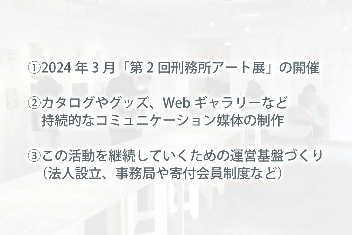 ①2024年3月「第2回刑務所アート展」の開催 ②カタログやグッズ、Webギャラリーといった、展覧会会期に限定されない持続的なコミュニケーション媒体の制作 ③この活動を10年、20年と継続していくための運営基盤づくり(法人設立、事務局や寄付会員制度など)