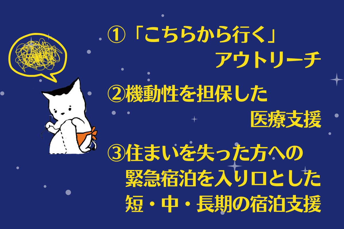 ぬいちゃん（つくろい東京ファンドマスコットのネコ）が、三つの課題　①「こちらから行く」アウトリーチ　②機動性を担保した医療支援　③住まいを失った方への緊急宿泊を入り口とした短・中・長期の宿泊支援　をどのように解決しようか悩んでいるイラスト。