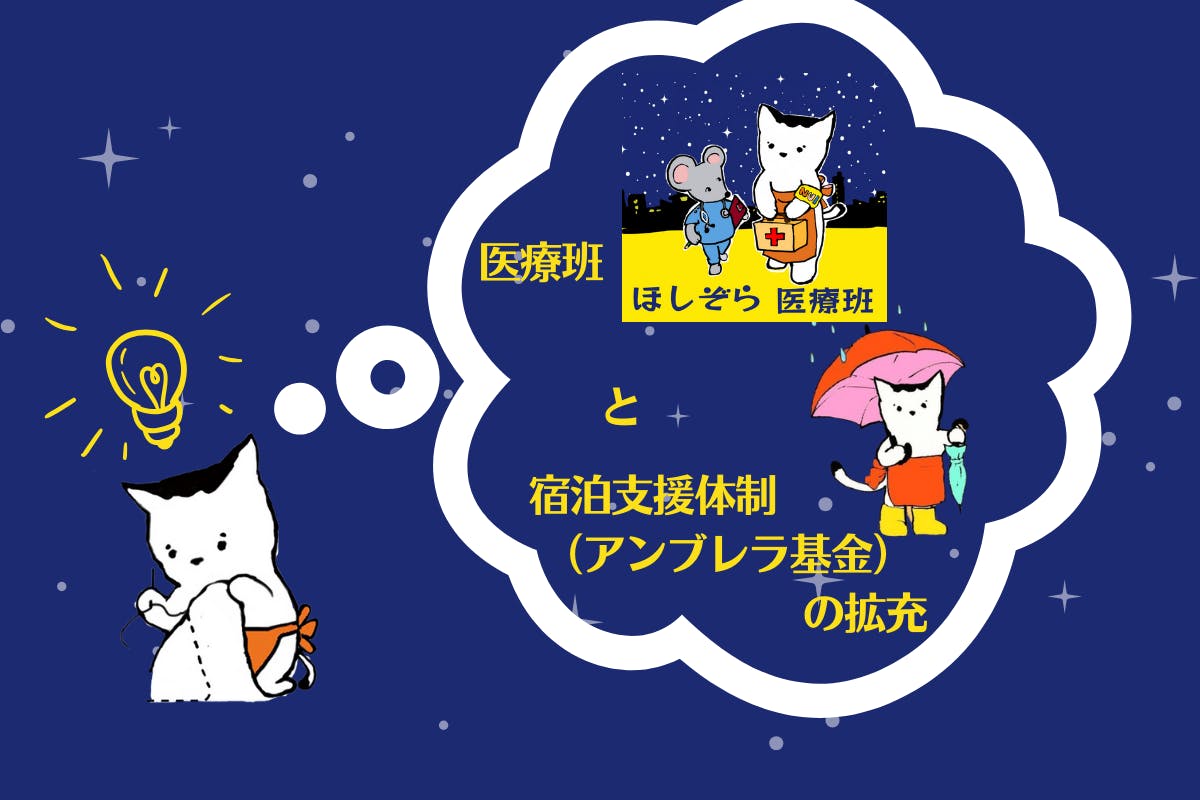 つくろい東京ファンドのマスコットである、ネコのぬいちゃんが「ほしぞら医療班」と宿泊支援体制（アンブレラ基金）の拡充を思いついたイラスト。