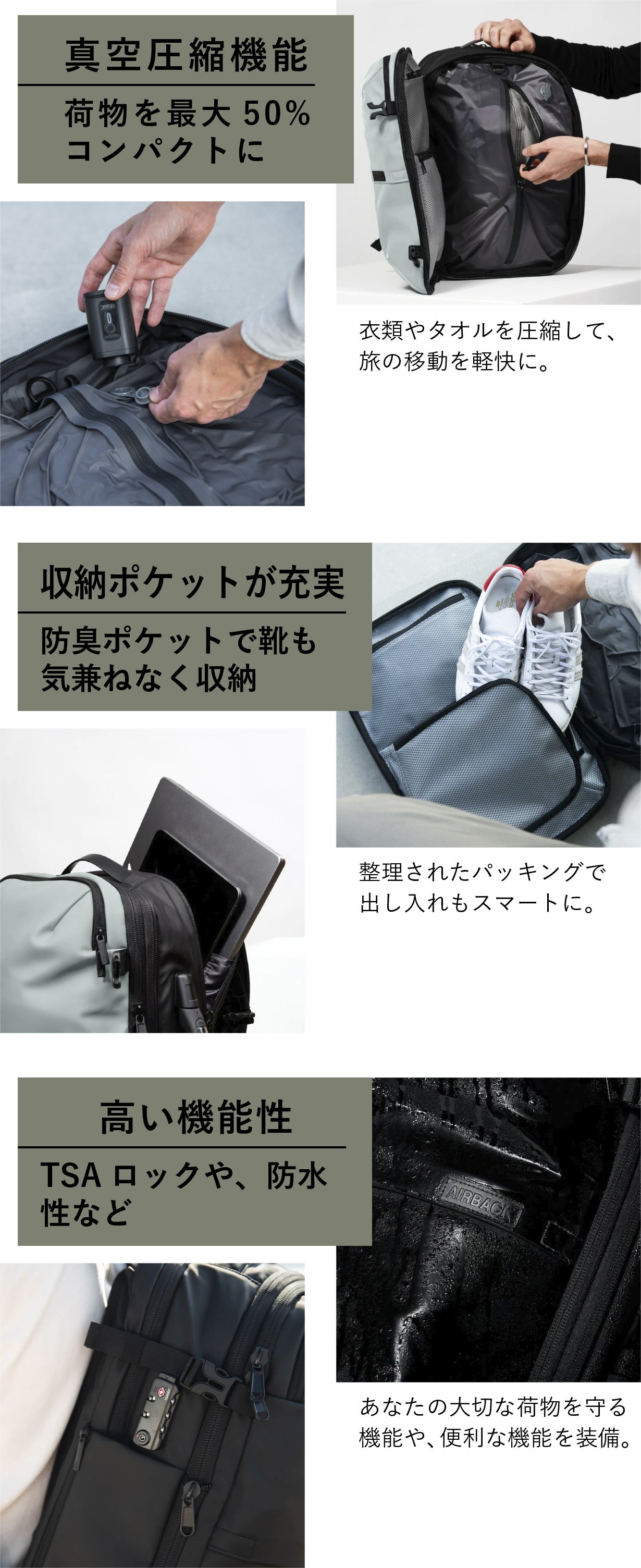 AIRBACK 真空圧縮バックパック 防水 TSAロック USBポート付 真空圧縮機能があなたの旅をもっと快適にするバックパック「AIRBACK