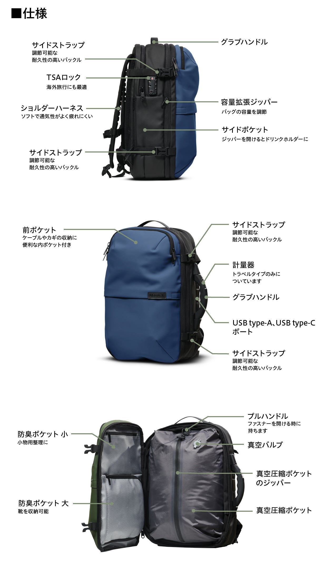 真空圧縮機能があなたの旅をもっと快適にするバックパック「AIRBACK