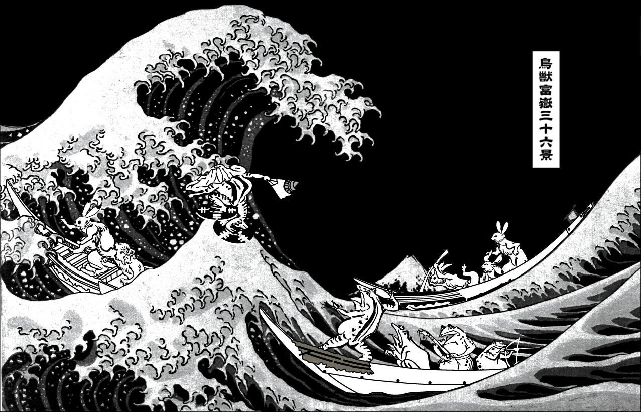 浮彫りの絵画 風景画 約40cm 鳥獣戯画×北斎と広重 浮世絵のレーザー彫刻デニムバッグが完成