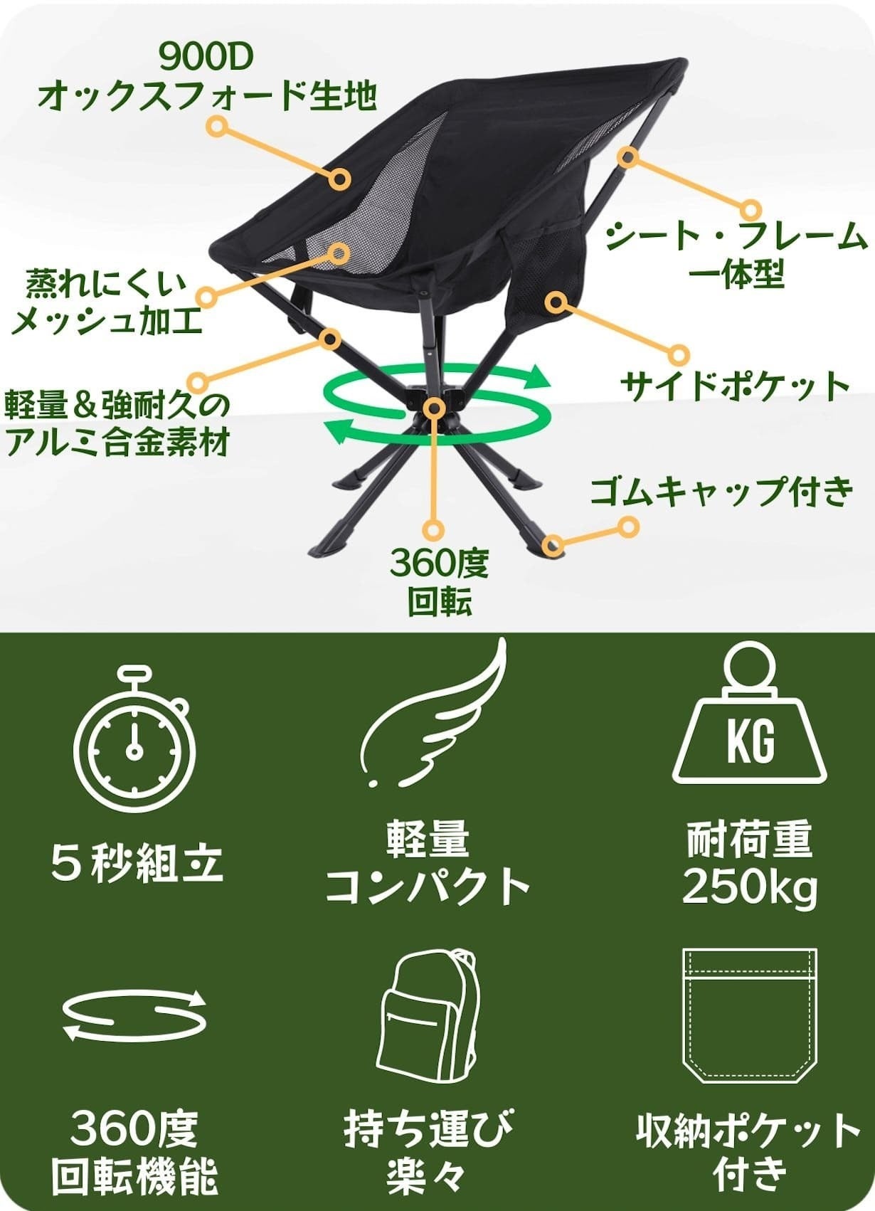 360°回転 折りたたみ椅子 】フレームシート一体型で簡単組立アウトドア