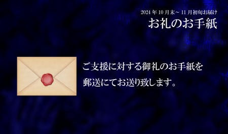 お礼のメッセージ：ご支援に対するお礼の手紙を郵送にてお送り致します。