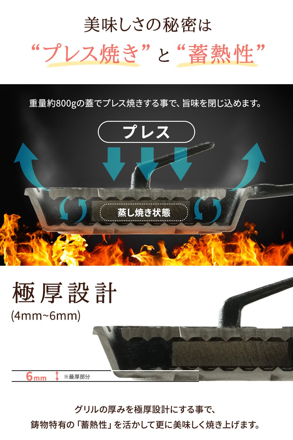 プレス焼き」が生み出す新体験！極厚鋳物製グリルの高い蓄熱性が旨みを