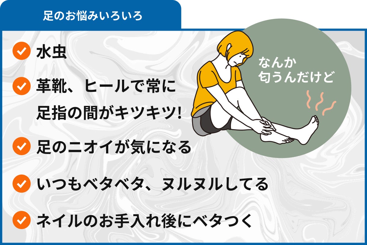 足のお悩みいろいろ　水虫、革靴、ヒールで常に 足指の間がキツキツ!、足のニオイが気になる、いつもベタベタ、ヌルヌルしてる、ネイルのお手入れ後にベタつく