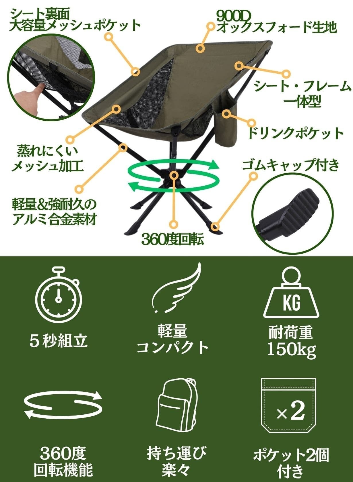 360°回転 折りたたみ椅子 】コンパクト＆簡単組み立て 快適アウトドア