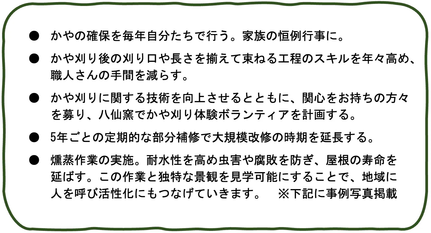 ●かやの確保を毎年自分たちで行う。家族の恒例行事に。 ●かや刈り後の刈り口や長さを揃えて束ねる工程のスキルを年々高め、職人さんの手間を減らす。 ●かや刈りに関する技術を向上させるとともに、関心をお持ちの方々を募り、八仙窯でかや刈り体験ボランティアを計画する。 ●5年ごとの定期的な部分補修で大規模改修の時期を延長する。 ●燻蒸作業の実施。耐水性を高め虫害や腐敗を防ぎ、屋根の寿命を延ばす。この作業と独特な景観を見学可能にすることで、地域に人を呼び活性化にもつなげていきます。
