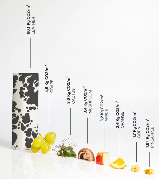 AppleSkinとその他の素材の1平方メートルあたりのCO2排出量比較イメージ