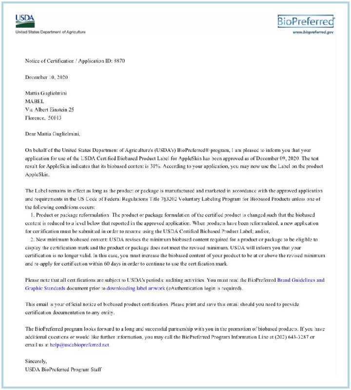 L'AppleSkin™　VEGANおよびUSDA Bio-Preferredの認証書