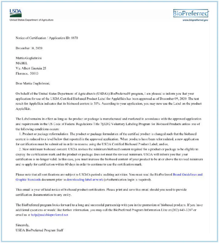 L'AppleSkin™　VEGANおよびUSDA Bio-Preferredの認証書