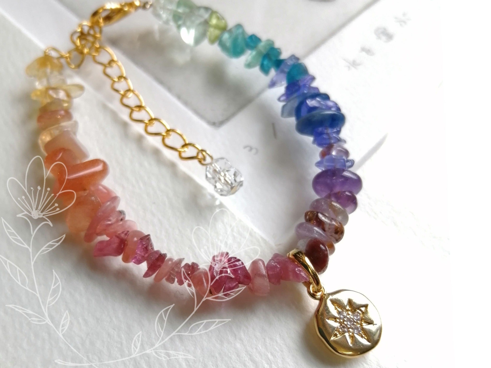 ✴︎キラキラ針と虹入り✴︎ 『10種類の天然石ブレスレット』 高品質 1点物 ◇宝石の虹と星のブレスレット◇幸運をもたらす永遠の虹◇ - CAMPFIRE