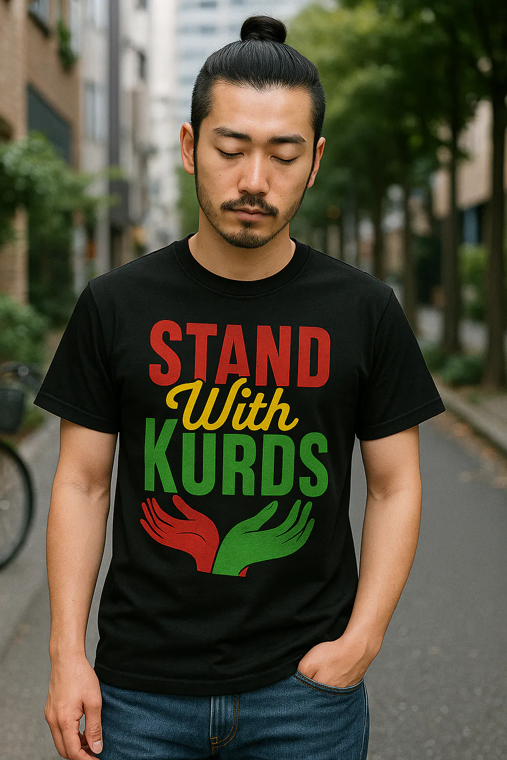 【画像】既に販売を始めている”Stand with Kurds"（クルドの人たちと共に立つ）Tシャツ。 デザイナーのSorairo3goさんにデザインをお願いしました。(モデルはAI作成画像です) 大変ご好評をいただき、もう少しで損益分岐点に達しそうです。