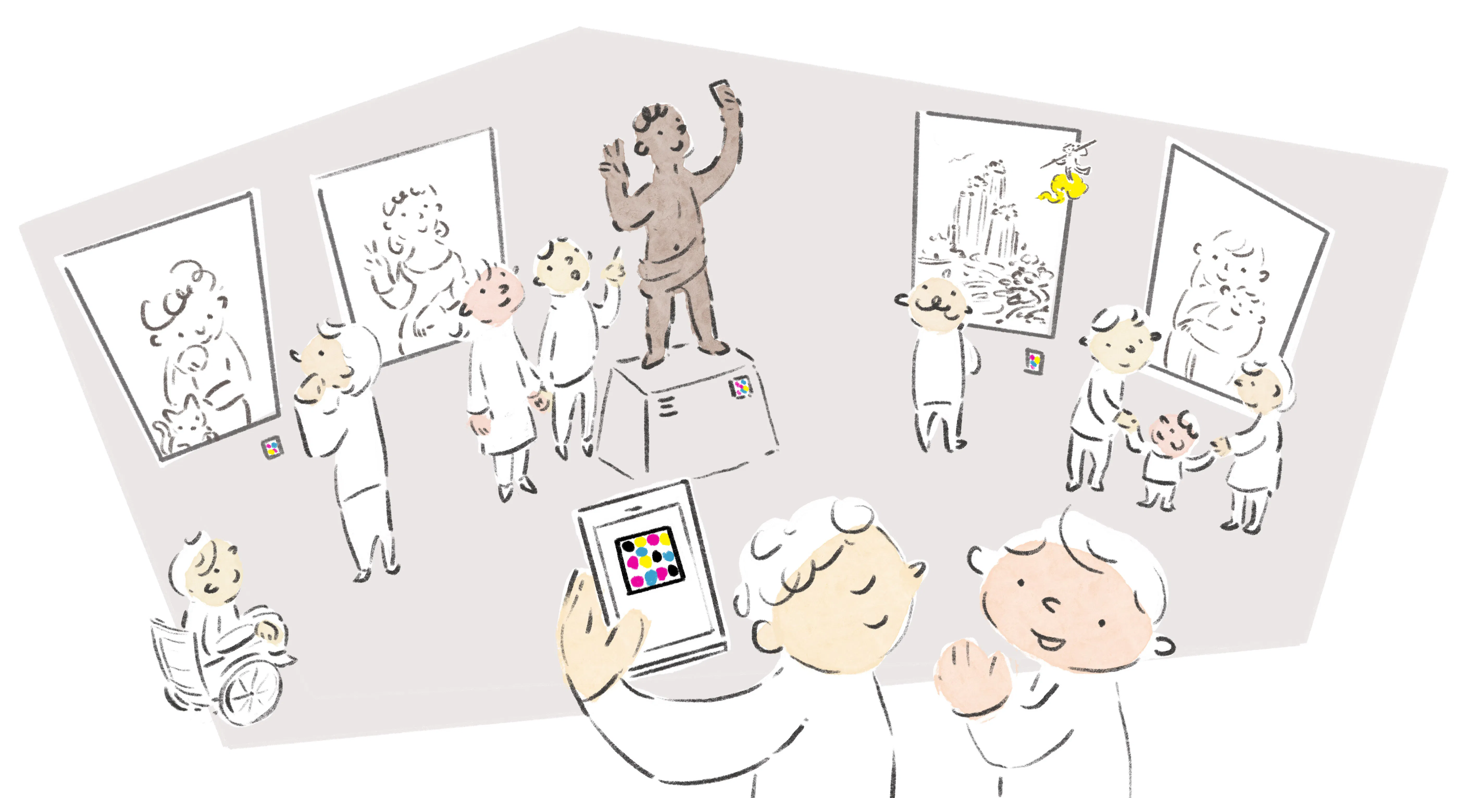 美術館でナビレンスを使っているイラスト