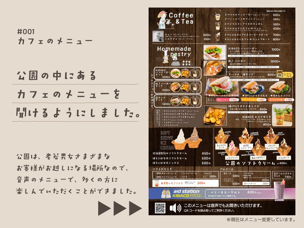 図解6。参考事例1。カフェのメニュー。公園の中にあるカフェのメニューを聞けるようにしました。公園は、老若男女さまざまな お客様がお越しになる場所なので、 音声のメニューで、多くの方に 楽しんでいただくことができました。